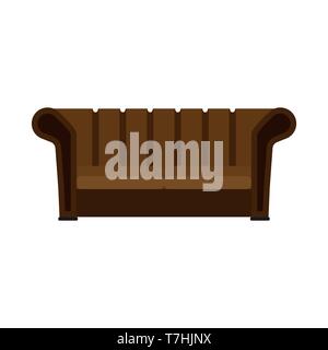 Divan brownlifestyle comfortable furniture flat vector icon. Bright TV sofa living room design interior house front view Stock Vector