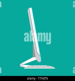 Monitor side view white screen computer equipment vector icon. Electronic communication technology work office PC. Stock Vector