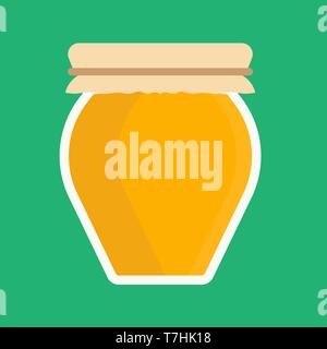 Honey jar glass food bee vector icon sweet dessert isolated white. Yellow organic golden pot container nectar remedy Stock Vector