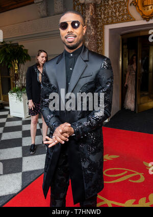 New York, NY - May 6, 2019: Michael B. Jordan wearing suit by Coach leaves  The Pierre Hotel for Met Gala on theme Camp: Notes on Fashion Stock Photo -  Alamy