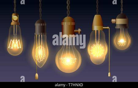 Hanging retro light bulbs. Vector vintage luxury lighting lamps with filaments in antique edison watts style Stock Vector