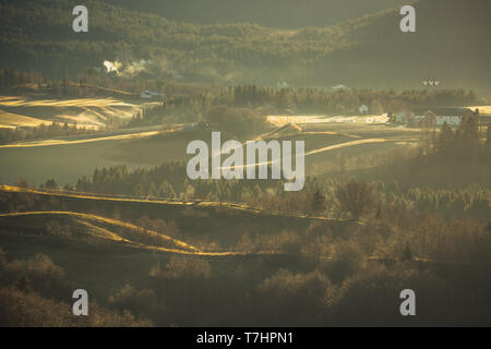 Beautiful landscapes outside Trondheim in rural area of Bratsberg. Distant trees, hills and villages. Warm, low light of sunrise and foggy air. Norway Stock Photo