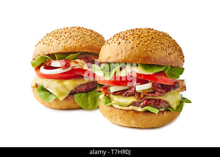 Two big juicy burgers on white background Stock Photo