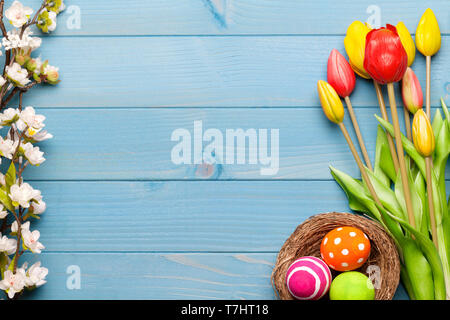 Colorful easter eggs in easter nest with tulips on blue wooden background Stock Photo