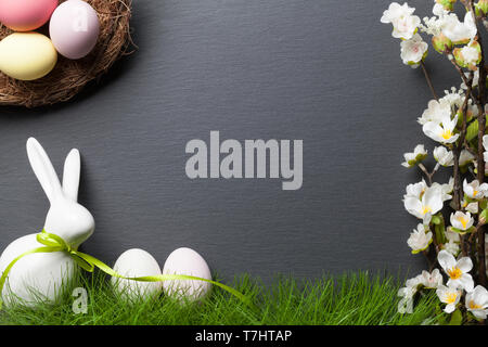 Happy easter background with easter bunny and easter eggs Stock Photo