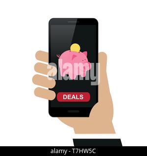hand holds smartphone with piggy bank shopping concept isolated on white background vector illustration EPS10 Stock Vector