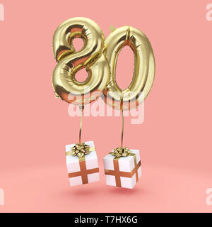 Number 80 birthday celebration gold foil helium balloon with presents. 3D Render Stock Photo