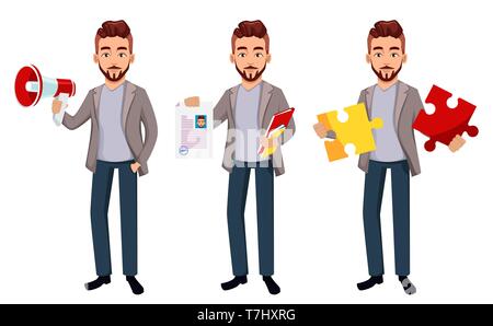Handsome confident business man, set of three poses. Cartoon character businessman in casual clothes holds loudspeaker, holds documents and holds puzz Stock Vector