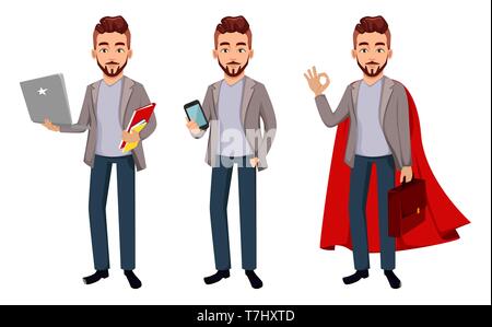 Handsome confident business man, set of three poses. Cartoon character businessman in casual clothes holds laptop, holds smartphone and shows ok sign. Stock Vector