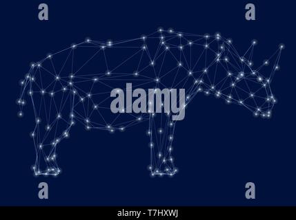 Polygonal wireframe rhino with luminous points. Side view. Vector illustration Stock Vector