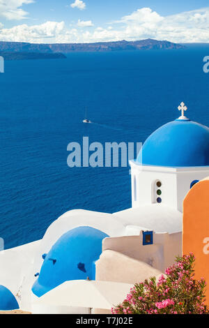 Famous Santorini sea view and white church, Greece Stock Photo