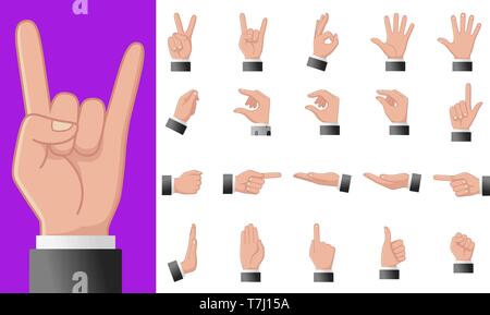 Various gestures of human hands isolated on a white background. Vector flat illustration of male hands in different situations. Vector design elements Stock Vector