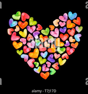 Watercolor Happy Valentines Day Rainbow Hearts Cloud. Carefully isolated on black background. Hand drawn hearts. Stock Photo