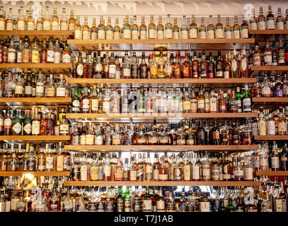 Bottles of Malt Whisky, Glenesk Hotel, Edzell. Angus, Scotland. Stock Photo