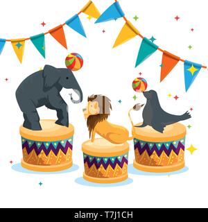 elephant with lion and seal playing with ball to festival Stock Vector