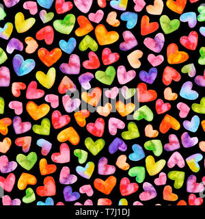 Seamless pattern with hand drawn watercolor hearts. Hand painted romantic ornament for valentines day.  Isolated on black background. Stock Photo