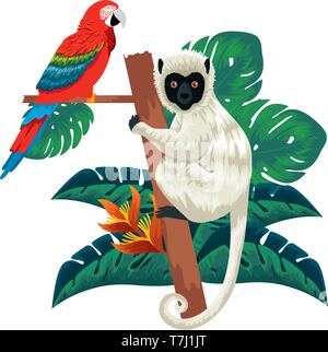 tropical capuchin monkey and parrot in leafs palms Stock Vector