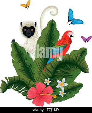 tropical capuchin monkey and parrot in leafs palms Stock Vector