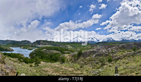 Panorama of one of the many glacial lakes found on  a trek in Cerro castillo national park ,Aysén,Chile. Stock Photo