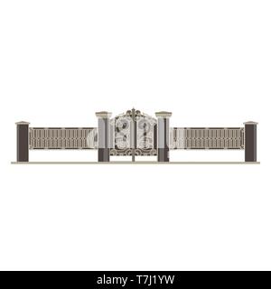 Vector gate flat icon isolated. Iron fence old illustration front view design. Antique forged decorative Stock Vector