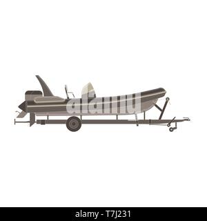 Vector car trailer with boat flat icon isolated side view illustration. Big black cart transport travel Stock Vector