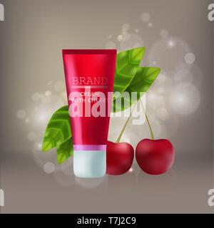 Cosmetic red mock-up with leaf and cherry realistic template illustration brand cream flask gel essential Stock Vector