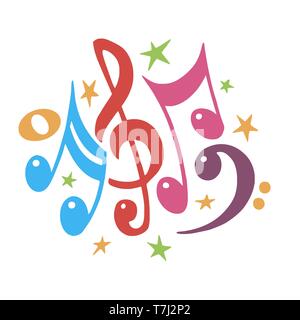 Music notes color .Abstract musical background. Vector illustration.Mensural notation musical.Colorful notes symbols.Note value.Music staff. Stock Vector