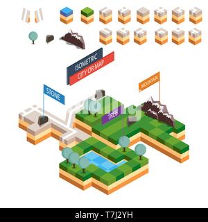 Isometric map city vector road set kit building isolated design urban estate Stock Vector