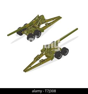 Artillery military isometric army vector gun war tank cannon illustration isolated Stock Vector