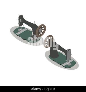 Sewing machine isometric vector vintage old illustration tailor icon retro isolated Stock Vector