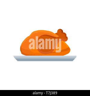 Turkey vector flat icon illustration thanksgiving day on dish isolated. Meal natural bird hat pilgrim fowl, brown, holiday symbol chicken. Graphic far Stock Vector