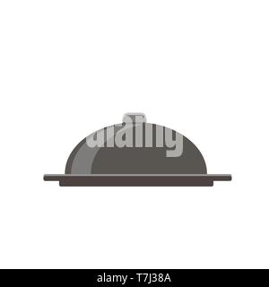 Silver vector dish. Grey tray, kitchenware, trey isolated, platter, closed cloche flat view side Stock Vector