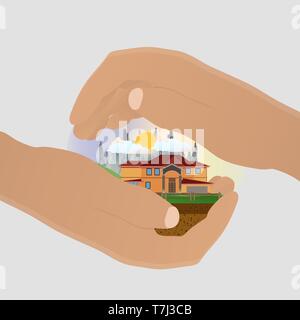 Insurance safe house home icon care hand vector. Concept protection design protect flat life symbol Stock Vector