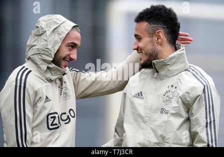 Ajax's Hakim Ziyech (left) and Noussair Mazraoui during a training session at Toekomst Training Ground, Amsterdam. Stock Photo