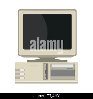 Retro computer front view device equipment flat vector icon. 90s machine PC Stock Vector