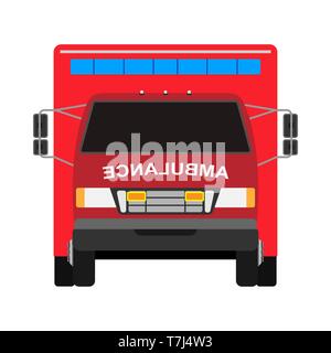 Ambulance van flat vector front view. Help emergency auto red transportation rescue Stock Vector