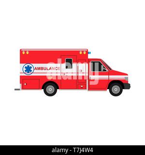 Ambulance van flat vector side view. Help emergency auto red transportation rescue Stock Vector