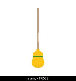Broom equipment tool worl housework domestic. Wood yellow handle vector flat icon besom Stock Vector