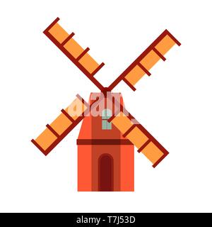 Windmill technology industry vector front view. Environmental wind farm field wheat icon. Stock Vector