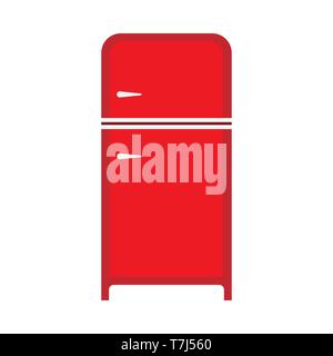 Red fridge fresh domestic electric freeze furniture icebox. Refrigerator front view vector flat icon Stock Vector