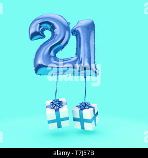 Number 21 birthday celebration foil helium balloon with presents. 3D Render Stock Photo