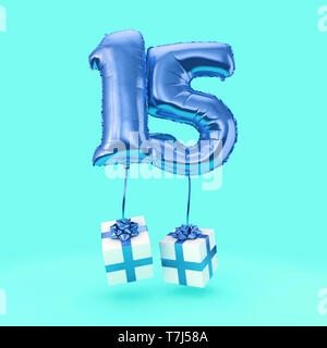 Number 15 birthday celebration foil helium balloon with presents. 3D Render Stock Photo