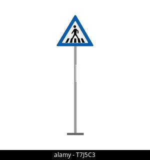 Crosswalk road sign transportation regulation attention vector blue icon. Town walkway control zebra sidewalk warning Stock Vector