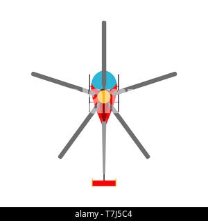 Helicopter vector flat icon top view. Aerial red traffic engine illustration aviation Stock Vector