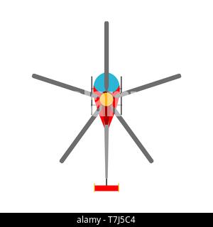 Helicopter vector flat icon top view. Aerial red traffic engine illustration aviation Stock Vector