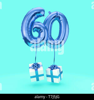 Number 60 birthday celebration foil helium balloon with presents. 3D Render Stock Photo