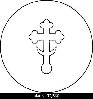 Cross trefoil shamrock on church cupola domical with half-moon Cross monogram Religious cross icon in circle round outline black color vector Stock Vector