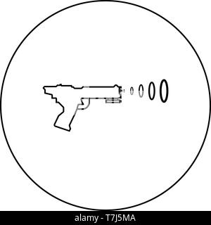 Space Blaster Children's Toy Futuristic gun Space gun shooting blaster wave icon in circle round outline black color vector illustration flat style Stock Vector