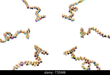Crowd of small symbolic figures forming  lines stopped, 3d illustration, horizontal, isolated, over white Stock Photo