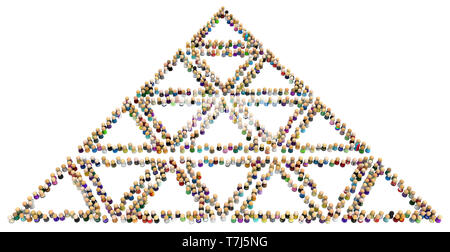 Crowd of small symbolic figures forming pyramid shape, 3d illustration, horizontal, isolated, over white Stock Photo